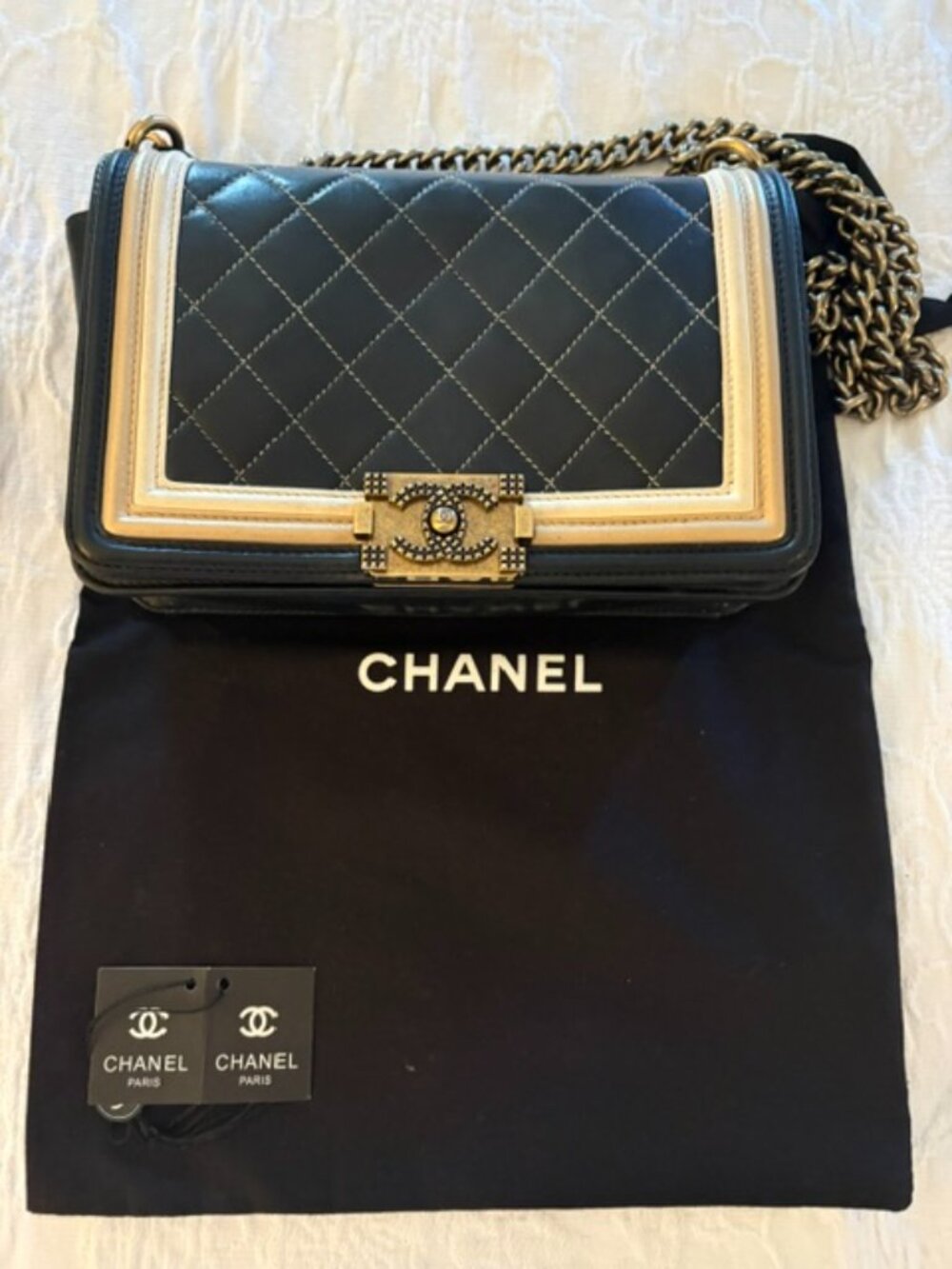 Chanel Boy Bag, Black with Beige and Gold Trim